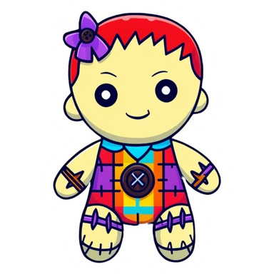 A colorful voodoo doll with patchwork fabric in bright colors, decorative buttons for eyes, and colorful pins sticking out of it sticker