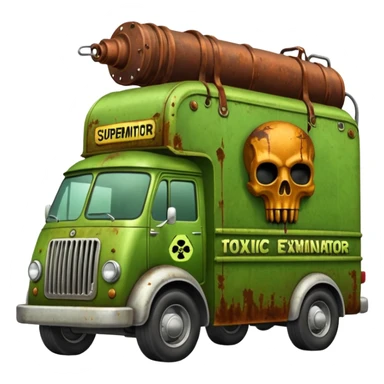 Heroic SuperBug Ron’s toxic-oozing exterminator superminator antique tall moving van (motto: Pay us to kill ’em) sticker
