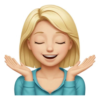 Happy blonde girl with eyes closed and mouth wide open and hands cupped around her neck - her eyes are squinty with excitment mo sticker