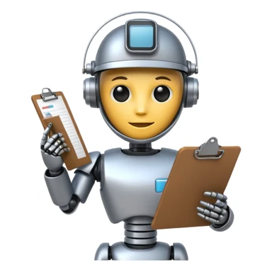 recruiter robot emoji, flat, cute, metallic, holding a clipboard sticker
