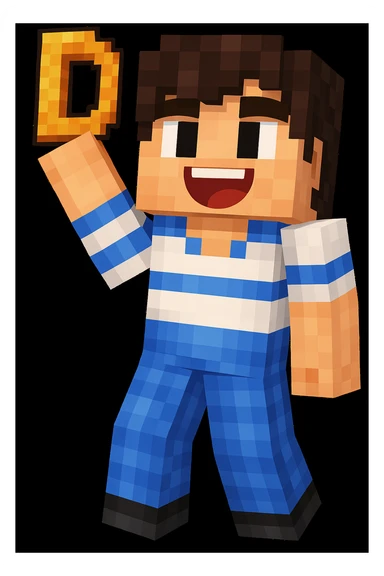 Edit the image to make the character hold the letter D in their hand, keeping the original Minecraft cartoon style and pose. Only add the letter D, do not change anything else. sticker