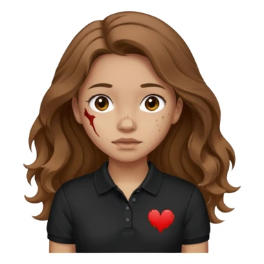 crie uma garota com ferimentos cabelo ondulado 2c longo castanho e blusa polo básica preta sticker