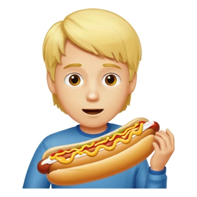 A boy taking a huge bite of a hot dog loaded with mustard and relish.





















 sticker