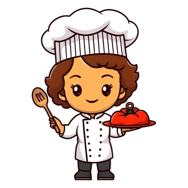 Light brown skinned mixed-race female chef with medium-length curly brown hair, wearing a chef's hat (toque), with both an angel halo and devil horns on her head sticker