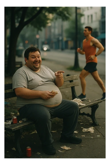A cinematic urban scene showing an overweight man in his late 30s sitting on a park bench, with a fast food wrapper in one hand and a smirk on his face. He points mockingly toward a fit, athletic person jogging nearby. The man is wearing casual clothes that barely fit — a stretched-out T-shirt and sweatpants — and his posture is slouched. His expression is sarcastic, laughing, but there’s a subtle shadow of insecurity in his eyes. The contrast is clear: the jogger is framed in soft morning light, moving with energy and purpose, while the man on the bench is surrounded by clutter, soda cans, and dim, flat lighting. Shot in 35mm cinematic style, shallow depth of field, with muted tones around the man and vibrant light around the jogger — emphasizing the disconnect between appearance and attitude. sticker
