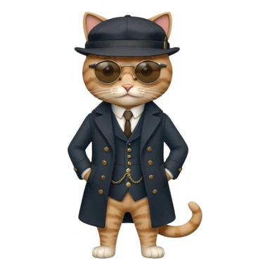Cat wearing sunglasses and a peaky blinders hat, along with a waistcoat and over coat.
Peaky blinders style sticker
