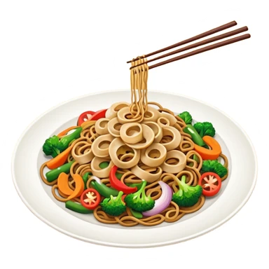 Illustrate stir-fried noodles with vegetables & soy sauce on a plate sticker
