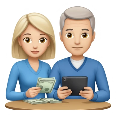 casually dressed stylish  looking husband and wife in their 40s avatars reviewing their finances together  sticker
