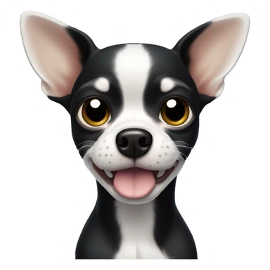 a black Chihuahua dog with a white lightning-shaped spot on its forehead. It has larger ears and a white and black muzzle sticker