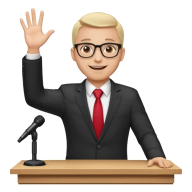 A professional clean-shaven man in a dark business suit and red tie standing behind a wooden podium, speaking confidently. A small microphone is placed on the podium. The man has glasses, a friendly smile, and open hand gestures. Soft studio lighting, neutral dark background, realistic emoji style. sticker