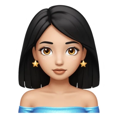 pretty cartoon girl, semi-realistic 3D emoji style, long middle parted straight black hair, tan skin, brown eyes, long eyelashes, soft glam makeup, glossy lips, smooth skin, cute aesthetic, sparkles in hair, white tube top sticker