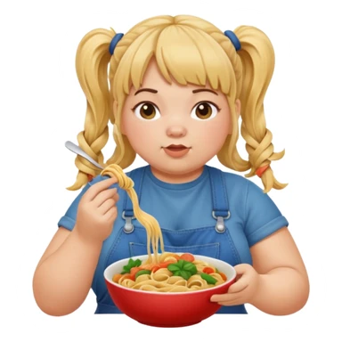 Fat girl with pigtails and bangs in overalls, eating pasta noodles sticker