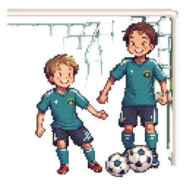 cute 6-year-old boy and 9-year-old boy playing fun soccer together, laughing and enjoying the game, pixel art style sticker