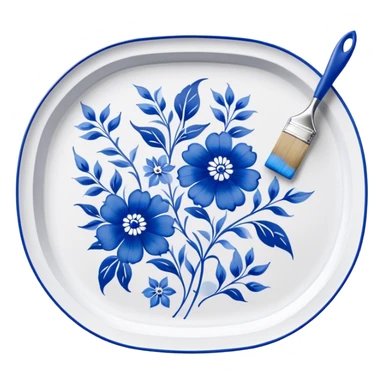 Gzhel-style metal painting icon, hand-painted Gzhel-style metal tray with intricate blue and white floral patterns, visible paintbrush and paint pots, metal surface in the process of being painted, no finished artwork, just the painting process, minimalistic style, clean lines, transparent background. sticker
