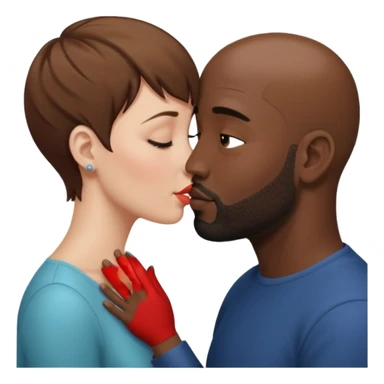 a white woman with short brown hair and a black man with no hair and a beard are facing one each other and the woman is giving a kiss to the man's forehead sticker