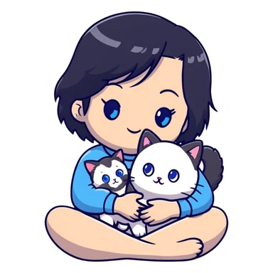 Cute Asian girl with black hair cradling a fluffy ragdoll cat with blue eyes sticker