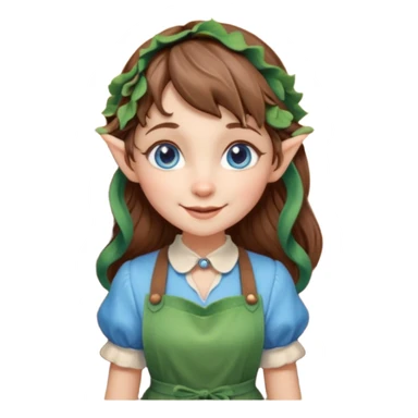 Kind happy whimsical quirky Girl toymaker, wood carving elf. Woodland creator. Blue eyes. brown hair (just below chin length) wavy hair & bangs. Whimsical playful cute sticker