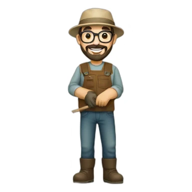 happy gardener man short dark hair beard rounded glasses with hat sticker