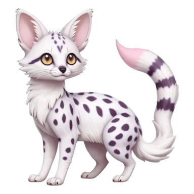 White Albino pastel light whitish grey-spotted Serval-Civet-Genet-Trico-Furret-Linoone-Noibat-Espeon-Fakémon-Pokémon-animal-hybrid-fusion-creature (full body) with vibrant glowing eyes, cute, elegant, soft, realistic, pastel fur sticker