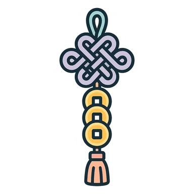 Chinese happiness knot with coins and tassel, icon-color-outlined style, detailed shadows and highlights, thin clean outlines, soft rounded shapes, pastel palette #98B5BC, #B5B3C1, #C9A3C9, #E4C0CA, #F7DCD1, #F7C0AA, modern Japanese pop art and sticker aesthetic, high detail, vector sharpness, soft lighting, transparent background sticker