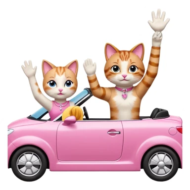 Barbie and Ken as cats waving from a pink convertible car sticker
