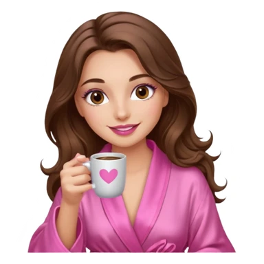 girl with long wavy brown hair, brown eyes, long lashes makeup, sexy pink lips, light to medium complexion, wearing a pink sexy silk top, smiling in a cozy pink robe drinking coffee sticker