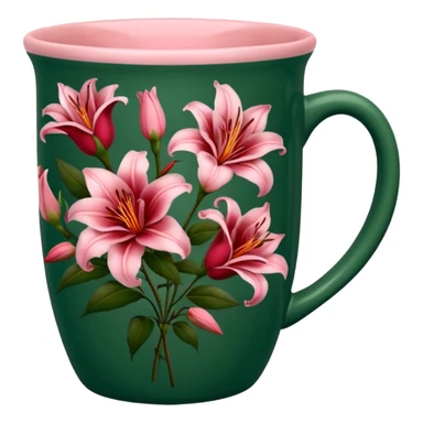 dark green mug, pottery no spoon, with dark red roses and pink lilies designed all over  sticker