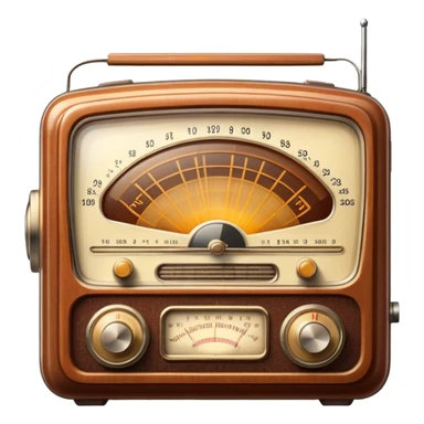 A photorealistic icon featuring an old-fashioned radio with a vintage dial, radio waves emanating from it, and a warm, glowing light. The design includes detailed textures, soft lighting, and nostalgic elements, symbolizing the love for radio broadcasting and music. Transparent background. sticker