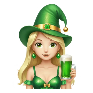 Blonde haired girl in glittery green bell bottoms and tall leprechaun hat holding a green beer sticker