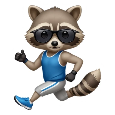 friendly anthropomorphised raccoon in sports wear, wearing dark sunglasses, jogging upright, mafia style sticker