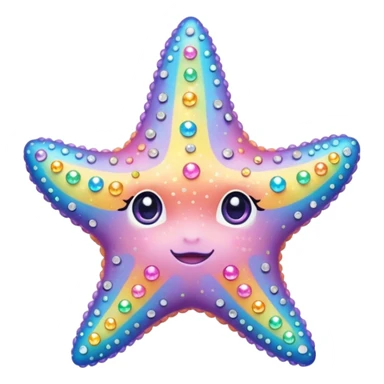 sea star, rainbow pastel colors, covered in sparkling gems, cute simple face sticker
