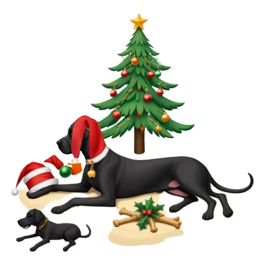 Black (no white) cropped Great Dane laying on a tropical beach with a Christmas tree and dog bones under the tree sticker
