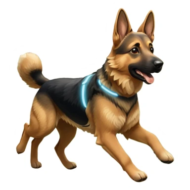 A German Shepherd running through a forest trail, showing strength and motion. Sunlight filtering through trees, dynamic action shot, detailed fur texture. sticker