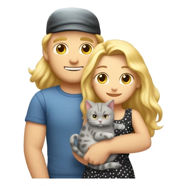 3 objects - a beautiful blonde with long hair and a polka-dotted dress, a bald handsome man in a cap and a rock T-shirt, and a fat gray cat with black spots. The man hugs the blonde and holds the cat in his hands sticker