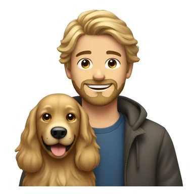 smiling bearded dark blonde boy with and long hair with dog indoors sticker