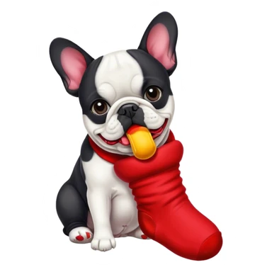 Black and white Bouledogue français eating a red sock  sticker