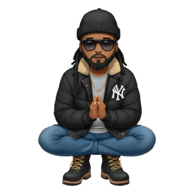 African American man with shoulder length black dreadlocks with black beard wearing black sunglasses wearing a black bubble winter coat wearing a New York Yankees baseball hat wearing denim skinny jeans and timberland boots kneeling in prayer sticker