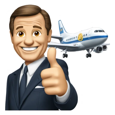 Kenneth Copeland with thumbs up in front of an airplane  sticker