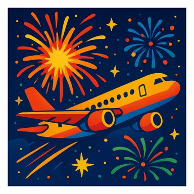 A passenger plane in the night sky, surrounded by bright fireworks and a large explosion of light and color sticker