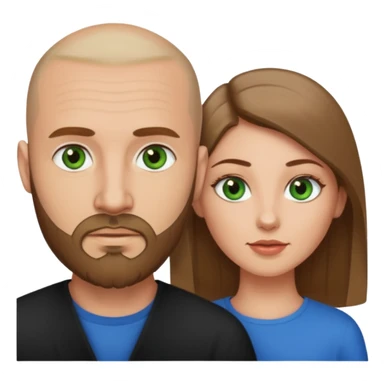 Man on left with shaved head with dark blonde beard and blue eyes, woman on the right with long dark brown hair green eyes  sticker