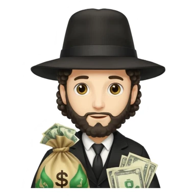 Hasidic Jewish Man, with full curls on sides of his head hanging from his hat, holding the money bag emoji  sticker