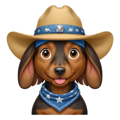 mostly black with some brown long hair daschund with a cowboy hat, ears curl out a bit and bandana and tongue slightly out sticker