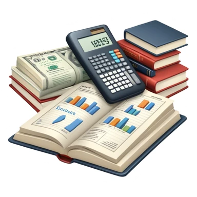Icon for Business Reading: an open book with graphs, numbers, percentages, formulas, and text on the pages, next to a stack of books, a pile of dollars, a calculator and business magazines like Forbes. Transparent background. sticker