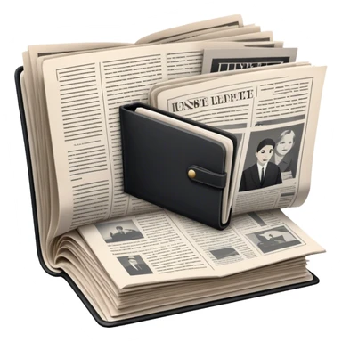Icon for Non-Fiction & Narrative Reading: an open book with black-and-white photos on the pages, surrounded by a pile of newspaper clippings, and an open folder with top-secret documents. The icon should reflect the blend of real stories and facts in non-fiction literature. Transparent background. sticker