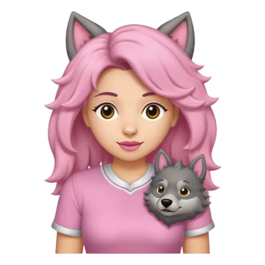 Garota loira fofa de cabelo comprido usando uma blusa rosa ao lado de um lobo sticker
