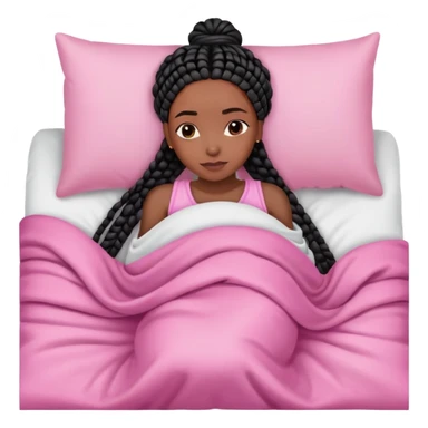 A dark-skinned Black woman with black box braids, lying on her side in bed, wrapped in a blanket, resting on a pink pillow sticker