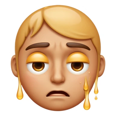 Apple-style emoji illustration of a person sweating, overheated face with sweat drops, half-closed exhausted eyes, annoyed or angry expression, soft 3D emoji style, smooth gradients, rounded shapes, centered composition. sticker
