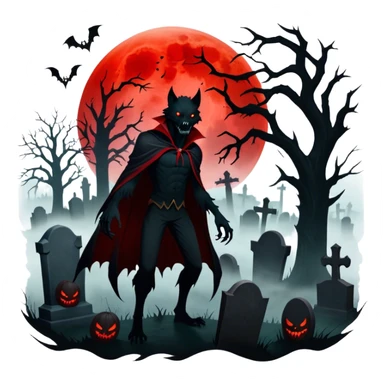 Icon for Horror Movies: A chilling collage with a monstrous werewolf or vampire, dark silhouettes, eerie graveyards, and creepy elements like spiders and tombstones. Ghostly fog surrounds, with a blood-red moon in the sky. The atmosphere is unsettling, eerie, and haunting. Transparent background. sticker