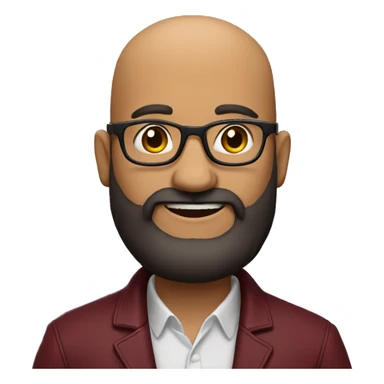 Indian Bald man smiling with glasses and a big, bushy black beard. Wearing a maroon jacket sticker