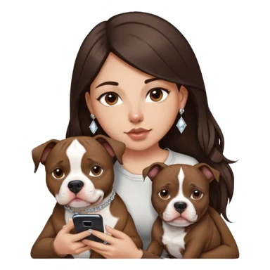 ￼ a young girl with long dark brown hair cascading down her face. It’s with her phone in her hands, sitting next to her pitbull with a small diamond nose ring in her nose. sticker